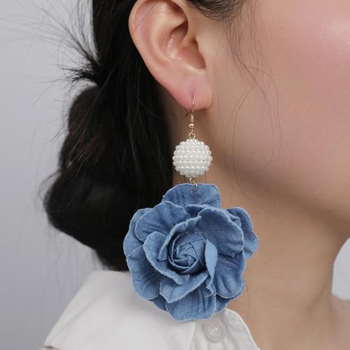 Denim Hoop Earrings for Women Boho Flower Dangle Hook Long Earrings Simple Exaggerated Big Circle Round Statement Earring Denim Dress Shirt Outfit3