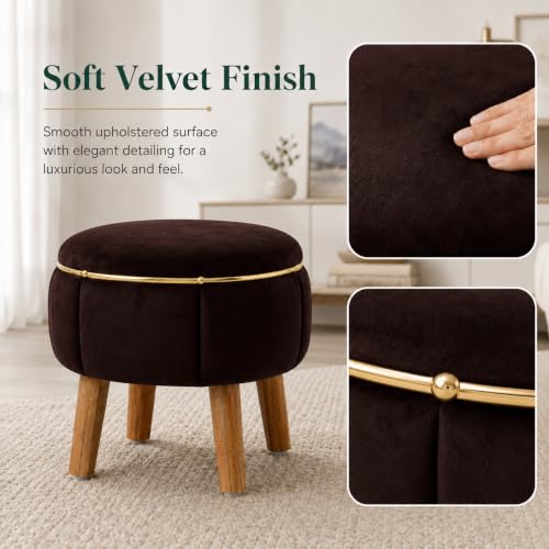 Image of Velvet Upholstered Round Ottoman Footstool | Anti-Slip Feet | Multipurpose Footrest, Step Stool & Vanity Seating & Decor | 40 x 30 cm (16 x 12 Inch) | Coffee