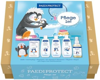 PAEDIPROTECT Pflege Set, Geschenkset für Babys & Kinder, vegan & parfümfrei | Set aus Pflegelotion, 2in1 Shampoo, Pflegeöl, Pflegebad, Gesichtspflege & Waschhandschuh, für empfindl