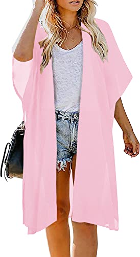 Image of Indian Trendy Women's Solid Puff Sleeve Kimono Long Cardigan Loose Cover Up Casual Blouse Top Chiffon