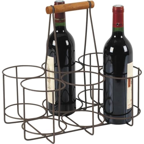 AUBRY GASPARD - Panier Bouteilles Métal Vieilli et Bois - Capacité 6 Bouteilles - Anse Bois - Dimensions 33 x 22 x H 31 cm - Idéal Cuisine ou Cave à Vin