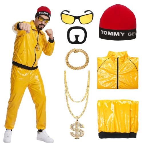 SERTAS Ali G Costume Adult 90s Rapper Costume Yellow Shell Suit with Hat Glasses Beard Dollar Chain Bracelet for Halloween Party Carnival (Red M)
