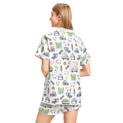 Image of Funny Pajamas for Women Set Print Satin Loungewear Pjs Short Sleeve Button Down Top and Shorts Sets Sleepwear XS-3XL