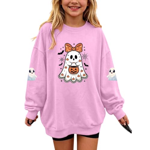 Girls Bow Ghost Pumpkin Bucket Spider Web Halloween Crewneck Sweatshirt - image 1