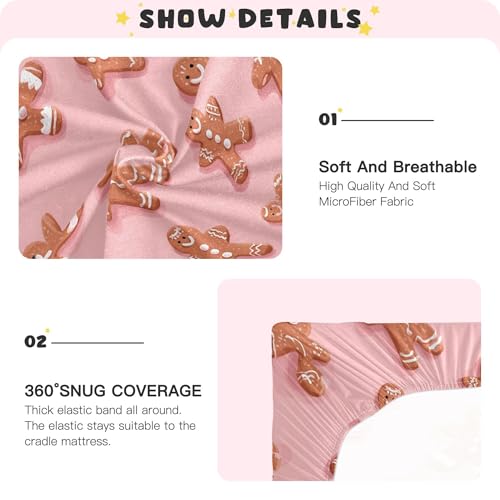 Image of Christmas Gingerbread Pinks Cute Crib Sheets Soft Breathable Fitted Baby Crib Sheets Mattress Cover for Girls Boys, 52 inch x 28 inch x 9 inch