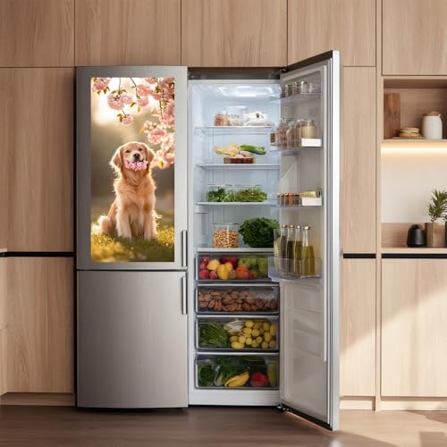 Image of Golden Retriever Refrigerator Sticker 14.57 x 32.28 Inch PVC Fridge Decal for Kitchen Cabinet Door Cupboard Pantry Door Flat Home Surface