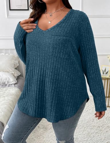 Image of Koscacy Women Plus Size Casual Knit Sweater with Pocket V Neck Solid Color Tops Lightweight Long Sleeve Blouses