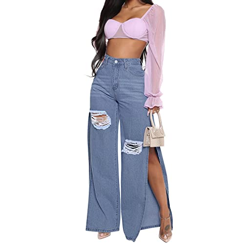 FCYYUETY Women High Rise Slit Split Hem Bootcut Distressed Blue Flare Jeans Ripped Hole Denim Pants