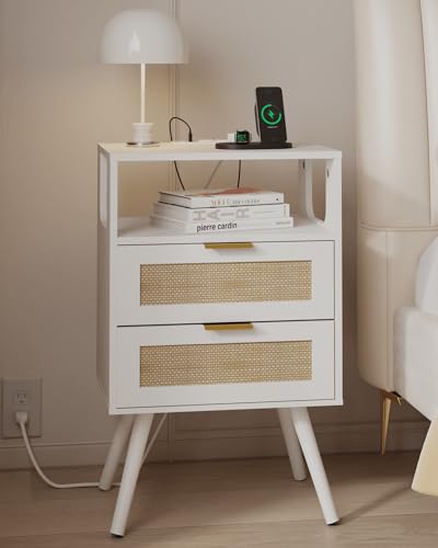 Image of JOONEE Rattan Nightstand with Charging Station,Farmhouse Bedside Table with 2 Storage Drawer and Open Wood Shelf, for Bedroom and Small Spaces,Night Stand with Solid Wood Legs (White-Outlet)