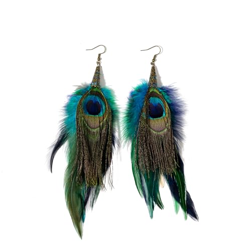 Bohemian Pheasant Peacock Long Feathers Statement Earrings Handmade Natural Lightweight Feather Dangle Earrings for Women (ea000071)