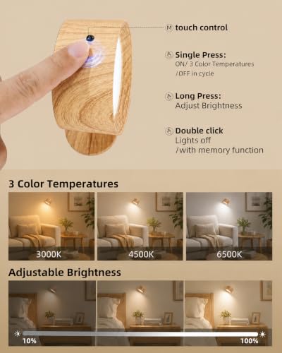 Image of LED Wall Mounted Lights, Rechargeable Wall Sconces Lamp, 3 Color Temps & Remote and Touch, 360Rotation Dimmable Cordless Wall Light for Study Bedroom Reading Bedside(Wood, 2 Pack)