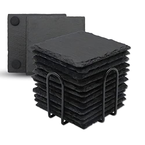 VIBRATITE Sottobicchieri in ardesia, 12 pezzi, rettangolari con supporto, piastra in ardesia, 12 x 12 cm, colore nero, per bevande, vetro, tazze, bar