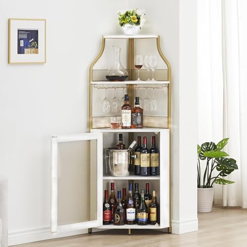 Armoire à Vin d'Angle , Cave à vin en bois avec table de travail , 5 Niveaux, Industrielle, Avec Porte-Verres et Porte En Treillis Métallique ,Meuble bar...