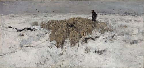 Troupeau de moutons avec berger dans la neige toile nostalgie