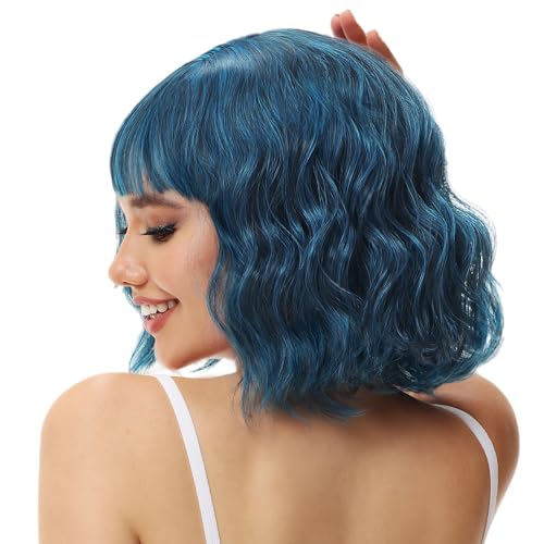 Image of Rose bud Wavy Bob Wig with Bangs Natural Blue Wig Synthetic Hair Shoulder Length Short Curly Wigs for Women