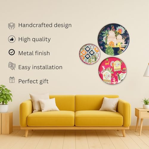 Image of RITUALISTIC Ajmer Floral Wall Plates for Home Decoration | Metal Wall Decor for Living Room | Wall Painting Showpiece | Gift Items for Women & Men | Home Decor Gift | Set of 3