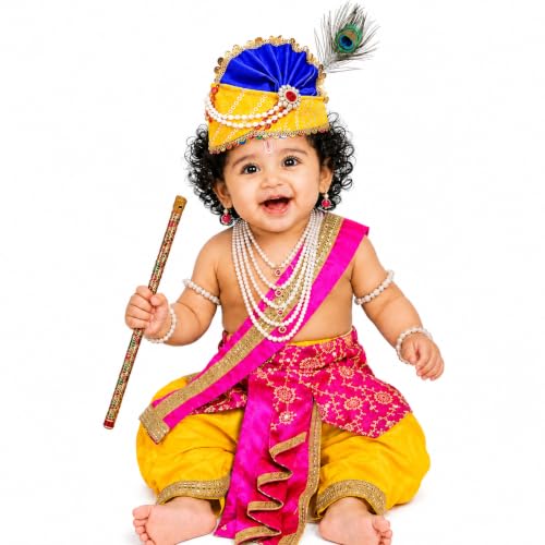 Image of Sarvda Krishna & Radha Dress for Kids - Complete Janmashtami Costume Sets with Dhoti /Lehenga, Mukut, Mor Pankh, Bansuri & Accessories | Fancy Dress for Baby Boys & Girls
