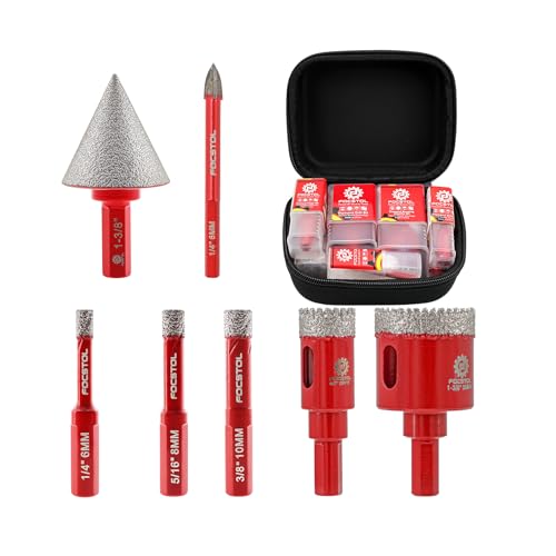 FOCSTOL Diamond Core Drill Bit Set - 7pcs (6/8/10/20/35mm+35mm Beveling Chamfer Bit+6mm Carbide Drill Bit) Diamond Hole Saw Kit for Porcelain Ceramic Tile Marble Granite