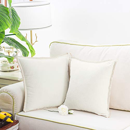CaliTime Throw Pillow Cases Pack of 2 Cotton Thread Stitching Edges Solid Dyed Soft Chenille Cushion Covers for Couch Sofa Home Farmhouse Decoration 55cm x 55cm Cream - Image 4