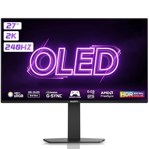 Majesty OLED Gaming Monitor 27 Inch 2K QHD | QD-OLED | 240Hz | 0.03ms | HDR400 | 120% sRGB | 10-Bit | G-SYNC & FreeSync | HDMI 2.1 | DP | VESA | Built-in Speakers | RGB Back | Flexible Stand