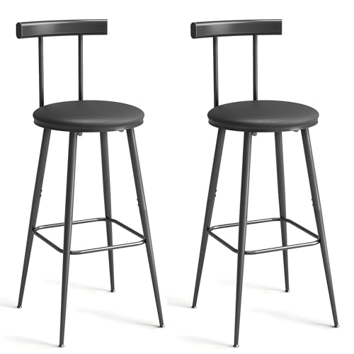 IRCPEN Bar Stools, Set of 2 High Kitchen Barstools, Bar Chairs with Backrest and Footrest, Industrial Counter Stools with PU Soft seat, for Kitchen, Living Room, Pub, Black BS-013BK