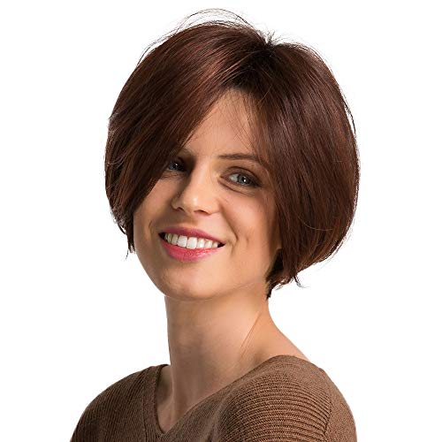Emmor Short Brown Human Hair Wigs for Women Blend With Healthy Kanekalon Fiber Side Part Bob Wig Dark Root,Natural Daily Use Hair