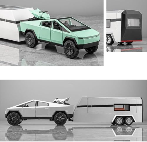 Image of 1:32 Scale Die-Cast Tesla CyberTruck with Pick-Up Trailer with 6 Openable Doors Pull Back Toy Car with Lights & MusicToy Car Gift for Kids (1:32 Cybertruck Trailer - Random Color)