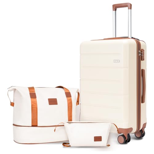 Image of 3-Piece Luggage Set with 20 inch Carry On, ABS Hardside Suitcase with Spinner Wheels & TSA Lock, Easy-Control Rolling Suitcase for Business Trips & Weekend Getaways (20 /TB /DB Beige)