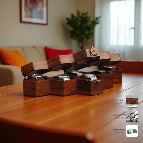 Image of Vintage Wooden Watch Box for Men, Timepiece Display Case, Honeycomb Watch Storage & Organizer, Jewlery Box for Women, Anniversary Gift For Husband (6 Compartments)