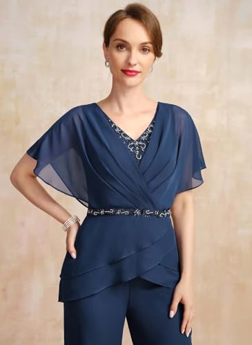 2 Pieces Mother of The Bride Pant V Neck Formal Dresses Puffy Sleeve Outfit Set Chiffon Wedding Guest Dresses2