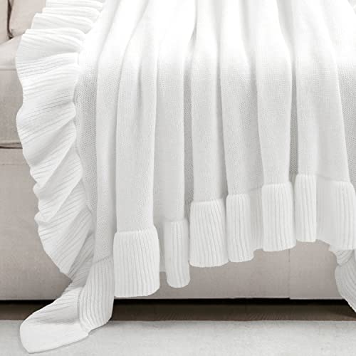 Image of Lush Decor Reyna Soft Knitted Ruffle Throw Blanket, 50 inch W x 60 inch L, White - Modern Farmhouse Ruffle Blanket - Cozy Chic Blanket For Bed, Couch, or Chair