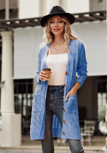 Image of PRETTYGARDEN Long Sleeve Cable Knit Long Cardigan for Women 2026 Spring Winter Chunky Open Front Button Sweaters with Pockets