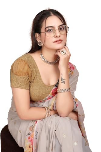 Image of SFT Women's Organza Patch Readymade Saree Blouse with Round Neck Half Sleeves Abstract Pattern Pull On Closure Regular Fit and Standard Length