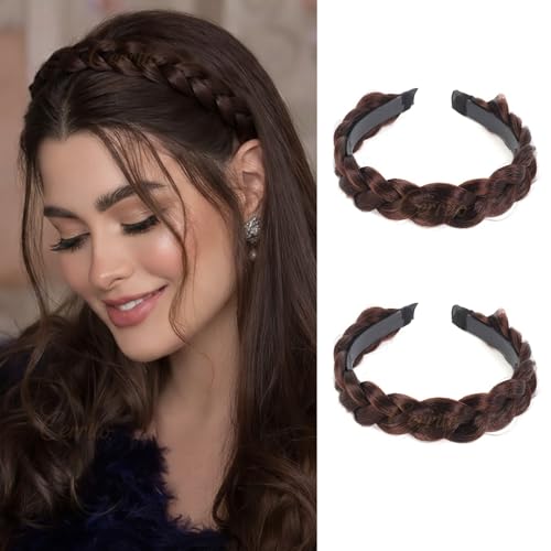 Image of Cerrito Synthetic Braided Hair Headband Set of 2 | Plaited Wig Band with Teeth Hairband For Woman | Elastic Headband For Extension, Ponytails, Bun & Juda | Hair Accessories for Women & Girls (Brown)