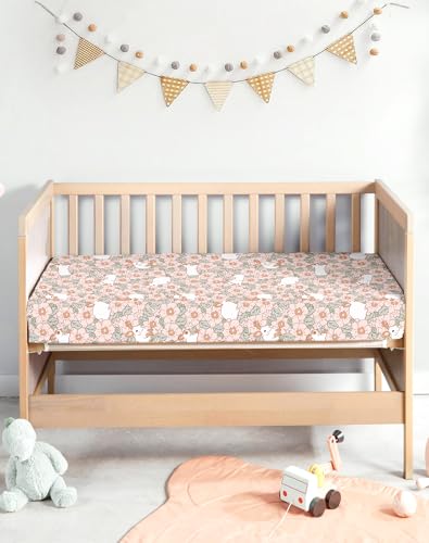 Image of Pack and Play Sheets 2 Pack, Fitted Jersey Knit Mini Crib Sheets for Baby Boys and Girls, Compatible with Graco Pack N Play and Mini Crib Mattress (Bunny Garden, Pack N Play /Mini Crib Sheets)