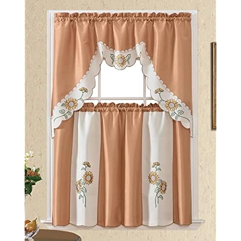 Very Sunflower. 3PCS Kitchen Cafe Curtain Set Swag Valance and Tier Set. Nice Matching Color Sunflower Embroidery. (Bronze) Cover