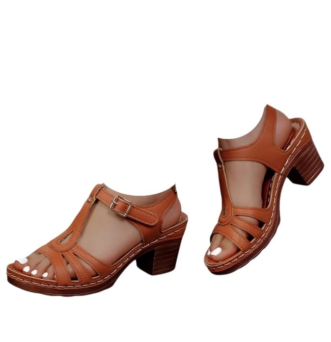 Platform Wedge Sandals for Women 2026,Open Toe Hollow Out Arch Support Comfortable Orthopedic Slip On Chunky Heel Shoes Block Ankle Strap Vacation Travel Walking Beach Sandals for Woman Hollow-brown 6.5