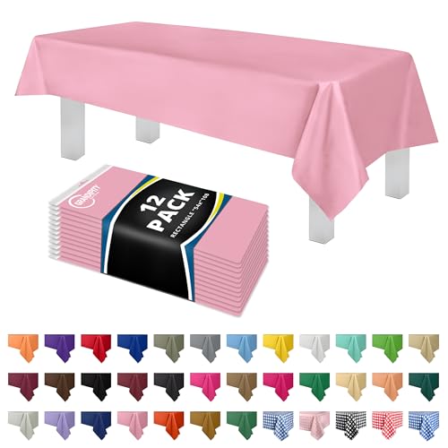 Image of Plastic Table Cloth Disposable 12 Pack 54 inch x 108 inch Rectangle | Pink Plastic table covers, durable disposable tablecloths, fade and tear-resistent table cover for party, event