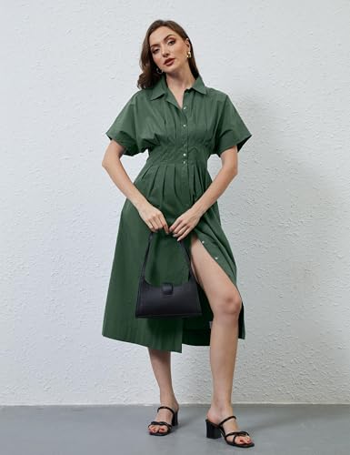 Image of MSBESYOR Women Button Front Pleated Shirt Maxi Dress Summer Striped Prints Short Sleeve Collar Casual Long Dresses