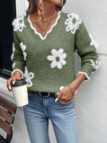 Women's Off Shoulder V Neck Sweater Floral Cable Knit Pullover Long Sleeve Cute Trendy Cozy Sweaters4