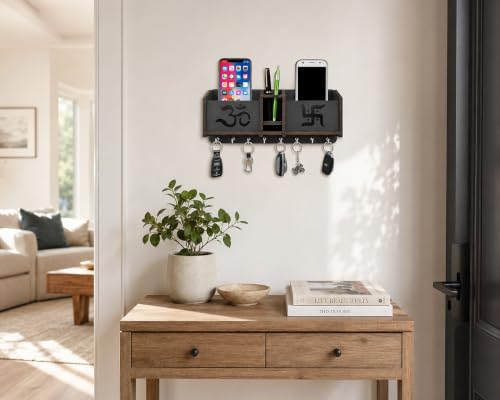 Image of Wooden Om Design TV Remote Mobile Stand Key and Pen Holder for Home, Office, Hall, Living Room Pocket Pen Special Designer Home Furnishing Two Box Wall Mounted Wall Keys Holder