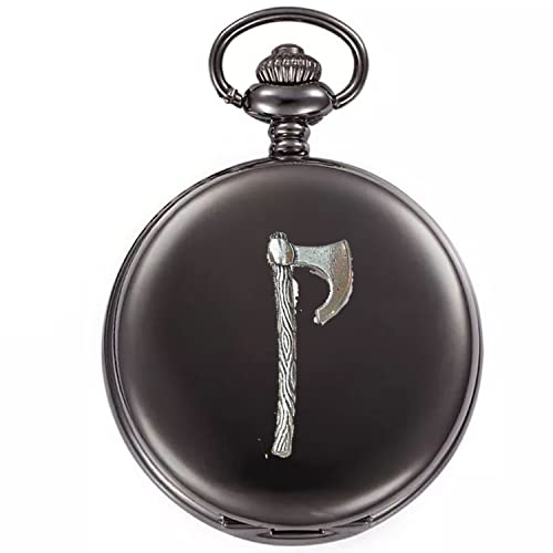 Montre de poche gousset quartz avec étui hache de bataille noir pour homme
