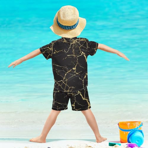 Image of Sunflower Floral Yellow Black Short Sleeve Hawaiian Button Down Shirts and Short Sets for Boys Toddler Summer Outfits