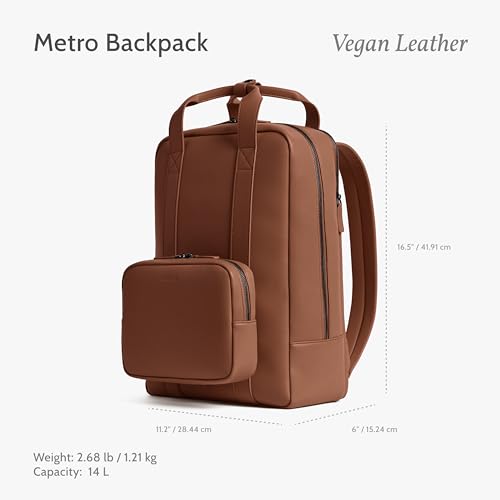 Image of Monos Metro Backpack Vegan Leather - Water-Resistant Microfiber Travel Backpack with Laptop Compartment | Modular QuickSnap Front Kit, Hidden Anti-Theft Pocket | 18L Carry-On Bag | Mahogany