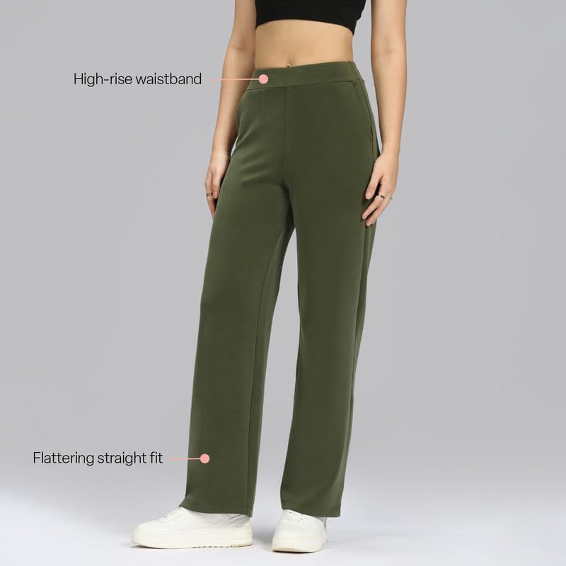Image of BlissClub Womens BareButter Straight Pants, High Rise, Straight fit,Pockets, Comfortable Waistband,Regular Variant Below 5'4