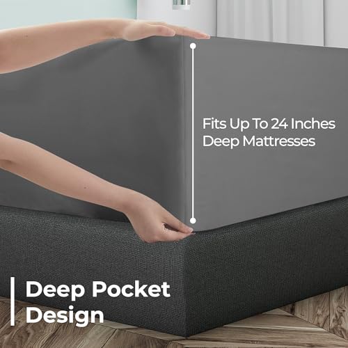 Image of Royale Linens Extra Deep Pocket Full Fitted Sheet Only - Full Size Deep Pocket Grey Fitted Sheet - Fits 18 inch to 24 inch Thick Mattress - Soft & Breathable Elastic Sheets (54x75 Inches, Grey)