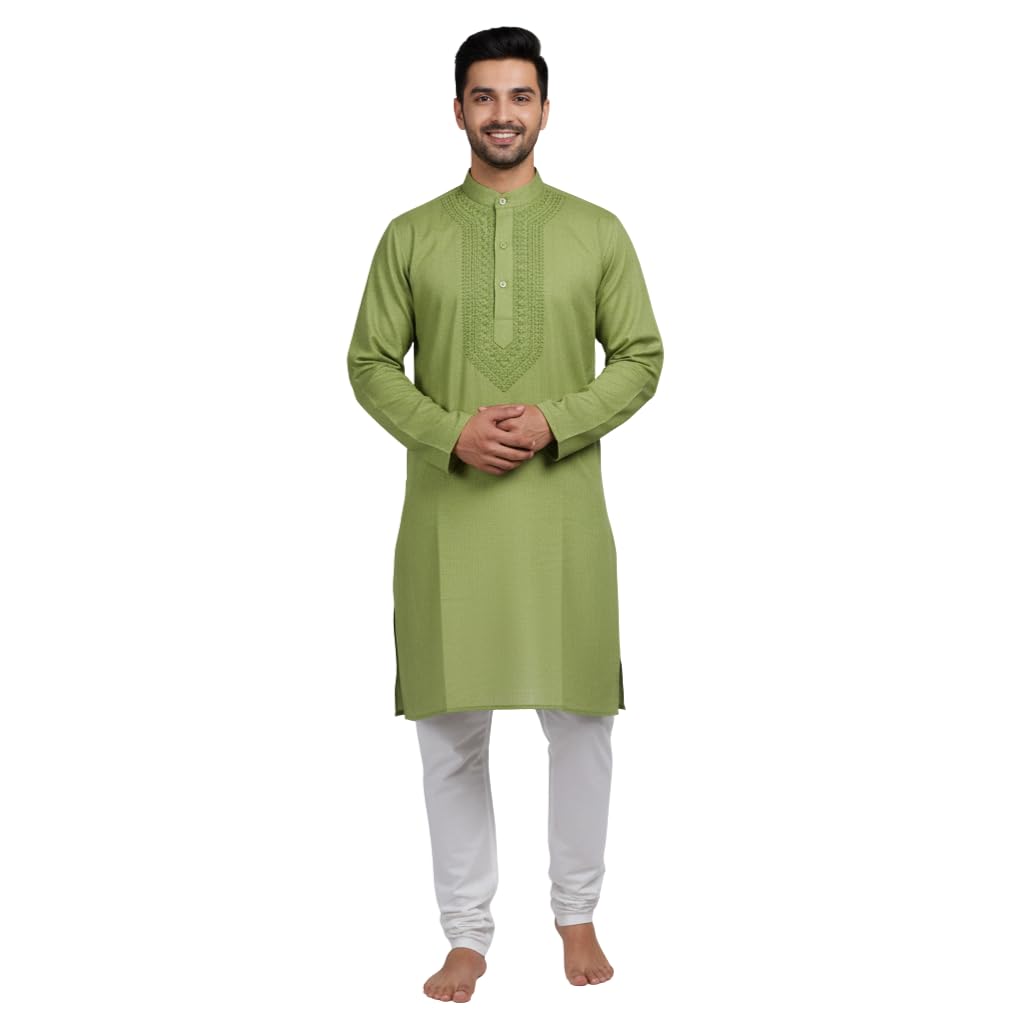 House of Kashi Men's Cotton Regular Fit Casual Mandarin Collar Chikankari Long Kurta | Only Kurta-picture-32
