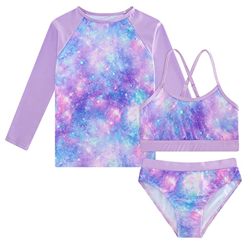 Vogseek 7-13T Girls 3pcs Bikini Swimwear with Long Sleeve Rashguard Shirts Quick Dry Swimsuits UPF 50+ Bathing Suits