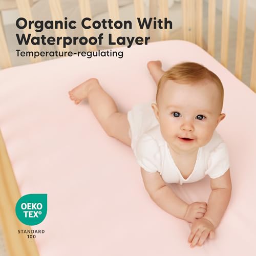 Image of 2-Pack Waterproof Crib Sheets for Boys, Girls - 52x28 Fitted Organic Cotton Baby Crib Sheets, Toddler Mattress Protector Cover, Washable, Soft & Durable Baby Bedding Essentials (Mist Rose)