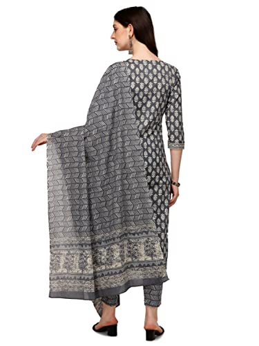 Image of FIORRA Women's Grey Cotton Straight Kurta with Pant and Dupatta SET0050